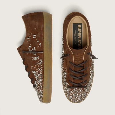 Golden Goose Super-Star Ltd Sneaker In Brown Suede With Tone-On-Tone Embroidered Star And Silver Rhinestones Golden Goose Super-Star Ltd Sneaker In Brown Suede With Tone-On-Tone Embroidered Star And Silver Rhinestones