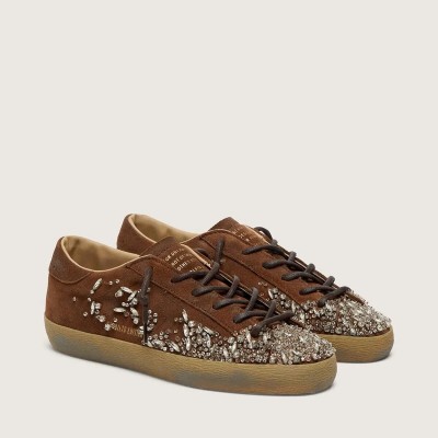 Golden Goose Super-Star Ltd Sneaker In Brown Suede With Tone-On-Tone Embroidered Star And Silver Rhinestones