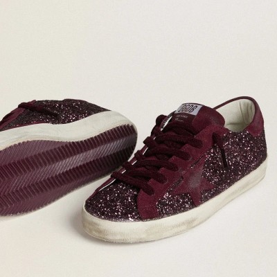 Golden Goose Super-Star Ltd Sneaker In Cherry Glitter With Cherry Suede Star Golden Goose Super-Star Ltd Sneaker In Cherry Glitter With Cherry Suede Star