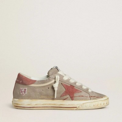 Golden Goose Super-Star Ltd Sneaker In Gray Suede With Red Waxed Suede Star And Heel Tab Golden Goose Super-Star Ltd Sneaker In Gray Suede With Red Waxed Suede Star And Heel Tab