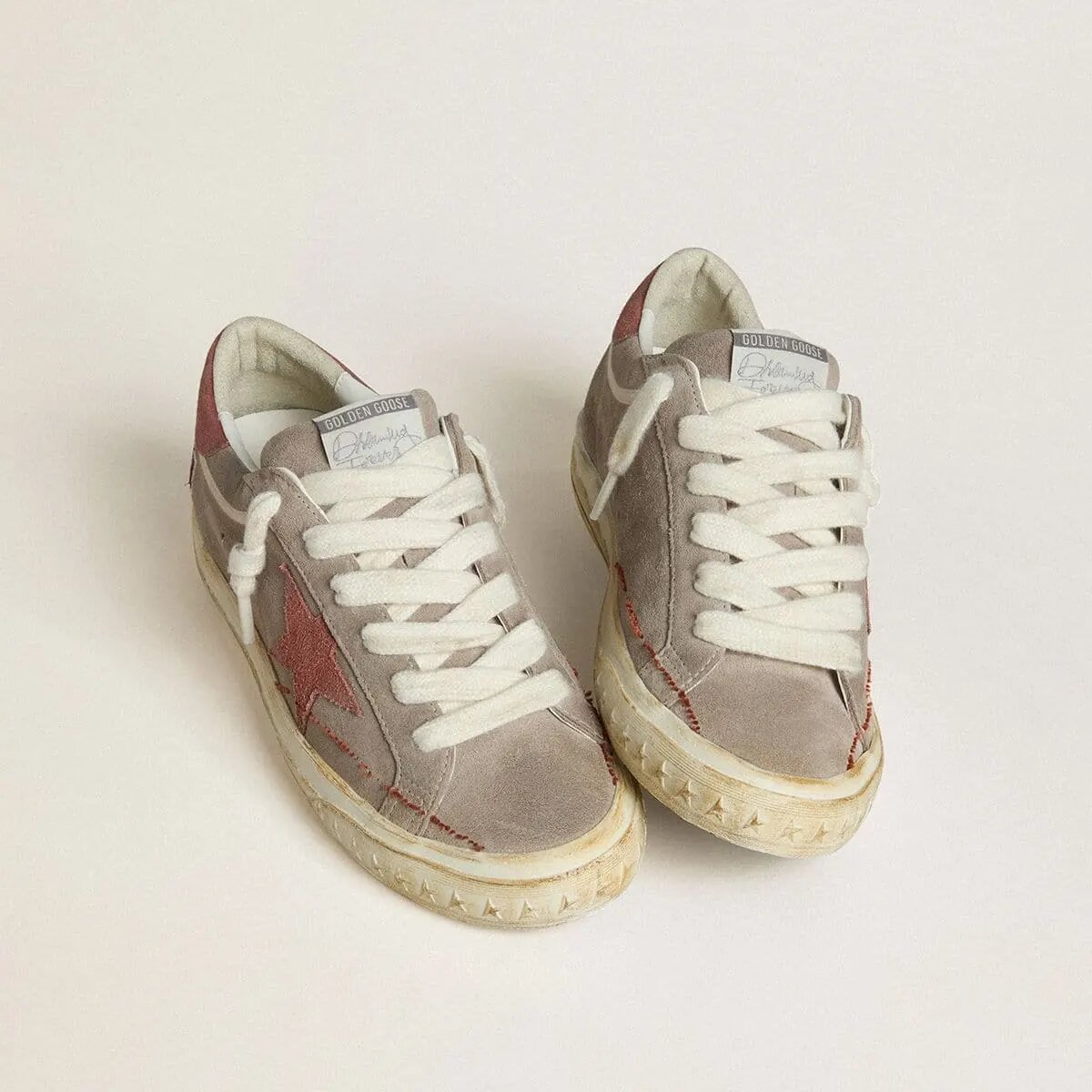 Golden Goose Super-Star Ltd Sneaker In Gray Suede With Red Waxed Suede Star And Heel Tab Golden Goose Super-Star Ltd Sneaker In Gray Suede With Red Waxed Suede Star And Heel Tab