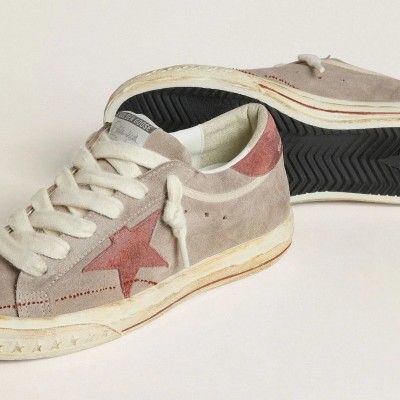 Golden Goose Super-Star Ltd Sneaker In Gray Suede With Red Waxed Suede Star And Heel Tab Golden Goose Super-Star Ltd Sneaker In Gray Suede With Red Waxed Suede Star And Heel Tab