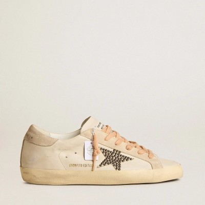 Golden Goose Super-Star Ltd Sneaker In Leather With Beige Suede Star Sneaker With Swarovski Studs Golden Goose Super-Star Ltd Sneaker In Leather With Beige Suede Star Sneaker With Swarovski Studs