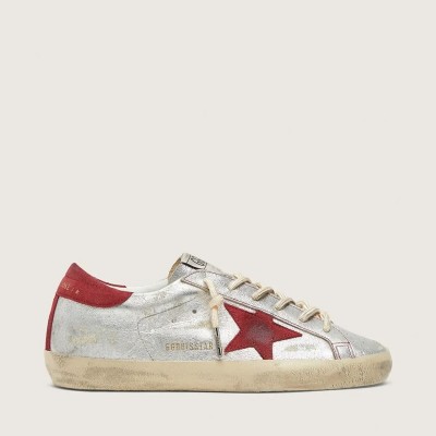 Golden Goose Super-Star Ltd Sneaker In Metallic Silver Leather With Red Suede Star Golden Goose Super-Star Ltd Sneaker In Metallic Silver Leather With Red Suede Star