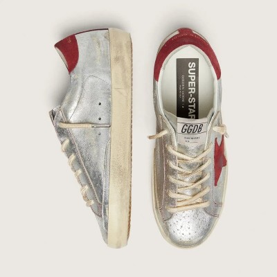 Golden Goose Super-Star Ltd Sneaker In Metallic Silver Leather With Red Suede Star Golden Goose Super-Star Ltd Sneaker In Metallic Silver Leather With Red Suede Star