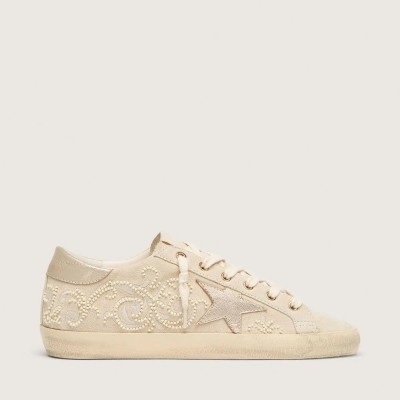 Golden Goose Super-Star Ltd Sneaker In Pearl Suede With Gold Star And Bead Embroidery