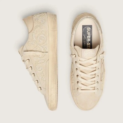 Golden Goose Super-Star Ltd Sneaker In Pearl Suede With Gold Star And Bead Embroidery