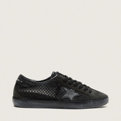 Golden Goose Super-Star Ltd Sneaker In Perforated Black Suede With Black Star And Crystals Golden Goose Super-Star Ltd Sneaker In Perforated Black Suede With Black Star And Crystals