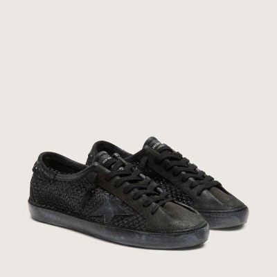 Golden Goose Super-Star Ltd Sneaker In Perforated Black Suede With Black Star And Crystals