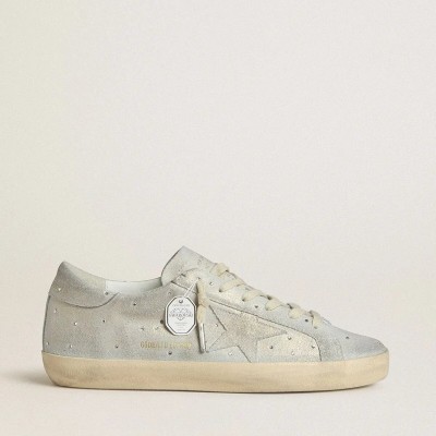 Golden Goose Super-Star Ltd Sneaker In Platinum Suede And Swarovski Crystals With Platinum Suede Star Golden Goose Super-Star Ltd Sneaker In Platinum Suede And Swarovski Crystals With Platinum Suede Star