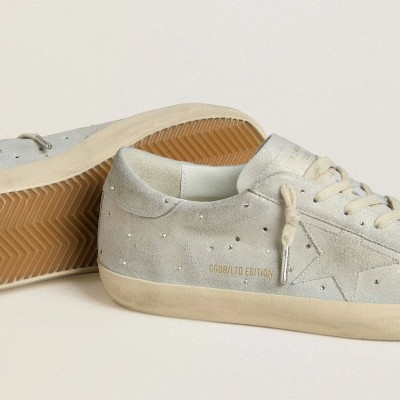 Golden Goose Super-Star Ltd Sneaker In Platinum Suede And Swarovski Crystals With Platinum Suede Star Golden Goose Super-Star Ltd Sneaker In Platinum Suede And Swarovski Crystals With Platinum Suede Star