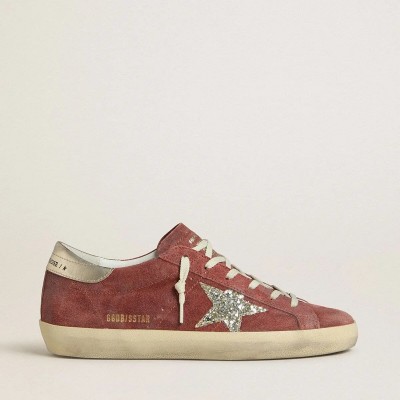 Golden Goose Super-Star Ltd Sneaker In Red Suede With Silver Glitter Star And Laminated Leather Heel Tab Golden Goose Super-Star Ltd Sneaker In Red Suede With Silver Glitter Star And Laminated Leather Heel Tab
