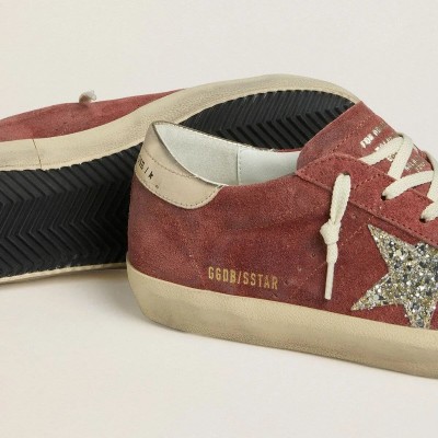 Golden Goose Super-Star Ltd Sneaker In Red Suede With Silver Glitter Star And Laminated Leather Heel Tab Golden Goose Super-Star Ltd Sneaker In Red Suede With Silver Glitter Star And Laminated Leather Heel Tab