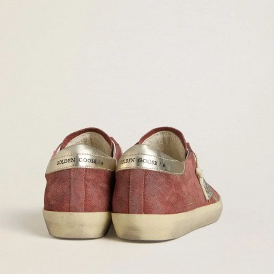 Golden Goose Super-Star Ltd Sneaker In Red Suede With Silver Glitter Star And Laminated Leather Heel Tab Golden Goose Super-Star Ltd Sneaker In Red Suede With Silver Glitter Star And Laminated Leather Heel Tab