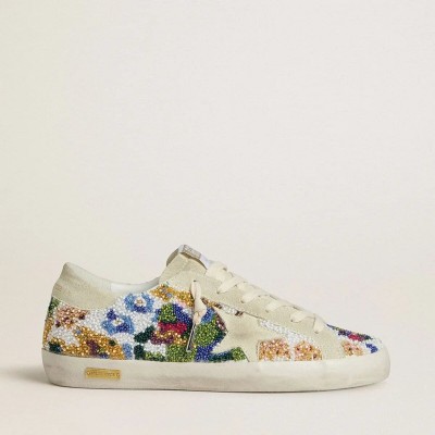 Golden Goose Super-Star Sneaker With Multicolored Beads And Beige Suede Star