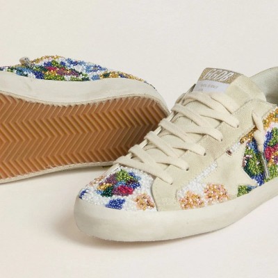 Golden Goose Super-Star Sneaker With Multicolored Beads And Beige Suede Star