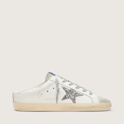 Golden Goose Super-Star Sabot Sneaker With A Platinum Glitter Star And Suede Tongue Golden Goose Super-Star Sabot Sneaker With A Platinum Glitter Star And Suede Tongue