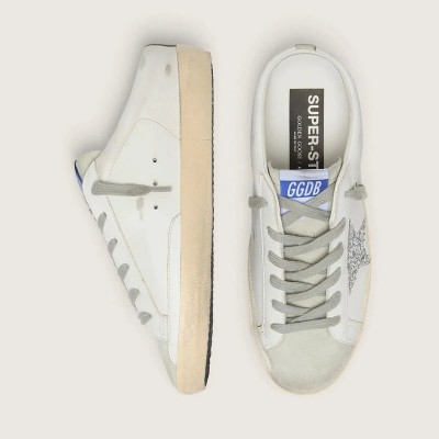 Golden Goose Super-Star Sabot Sneaker With A Platinum Glitter Star And Suede Tongue Golden Goose Super-Star Sabot Sneaker With A Platinum Glitter Star And Suede Tongue