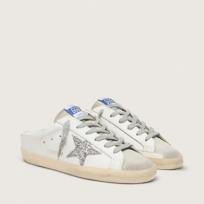Golden Goose Super-Star Sabot Sneaker With A Platinum Glitter Star And Suede Tongue Golden Goose Super-Star Sabot Sneaker With A Platinum Glitter Star And Suede Tongue