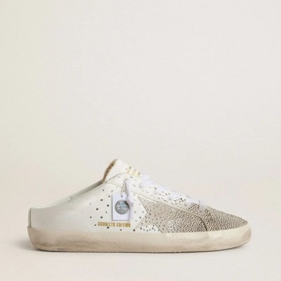 Golden Goose Super-Star Sabot Ltd Sneaker With Gray Suede Star And Swarovski Crystals Golden Goose Super-Star Sabot Ltd Sneaker With Gray Suede Star And Swarovski Crystals