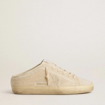 Golden Goose Super-Star Sabot Sneaker In Beige Canvas With Embroidered Beads And Beige Suede Star Golden Goose Super-Star Sabot Sneaker In Beige Canvas With Embroidered Beads And Beige Suede Star