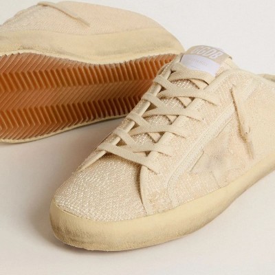 Golden Goose Super-Star Sabot Sneaker In Beige Canvas With Embroidered Beads And Beige Suede Star Golden Goose Super-Star Sabot Sneaker In Beige Canvas With Embroidered Beads And Beige Suede Star