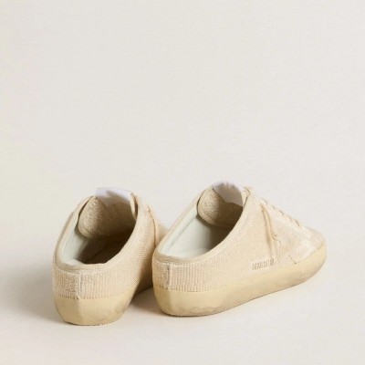 Golden Goose Super-Star Sabot Sneaker In Beige Canvas With Embroidered Beads And Beige Suede Star Golden Goose Super-Star Sabot Sneaker In Beige Canvas With Embroidered Beads And Beige Suede Star
