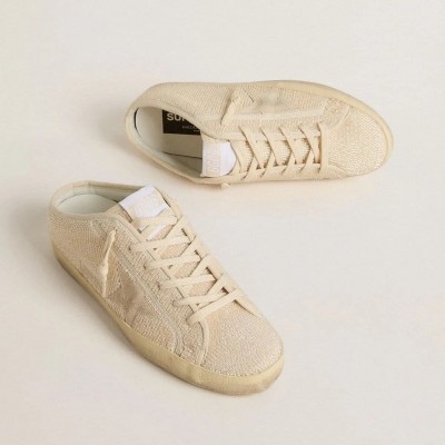 Golden Goose Super-Star Sabot Sneaker In Beige Canvas With Embroidered Beads And Beige Suede Star Golden Goose Super-Star Sabot Sneaker In Beige Canvas With Embroidered Beads And Beige Suede Star