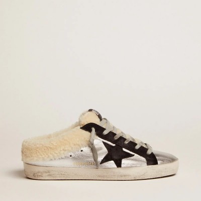Golden Goose Super-Star Sabot Sneaker In Silver Laminated Leather With Black Star Golden Goose Super-Star Sabot Sneaker In Silver Laminated Leather With Black Star