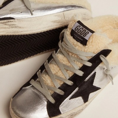 Golden Goose Super-Star Sabot Sneaker In Silver Laminated Leather With Black Star Golden Goose Super-Star Sabot Sneaker In Silver Laminated Leather With Black Star
