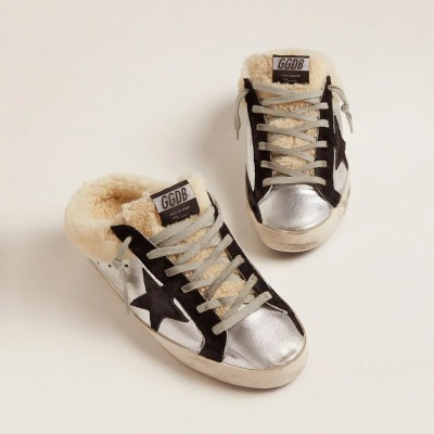 Golden Goose Super-Star Sabot Sneaker In Silver Laminated Leather With Black Star Golden Goose Super-Star Sabot Sneaker In Silver Laminated Leather With Black Star