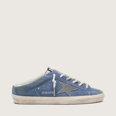 Golden Goose Super-Star Sabots Sneaker In Denim-Blue Suede With Silver Glitter Star Golden Goose Super-Star Sabots Sneaker In Denim-Blue Suede With Silver Glitter Star