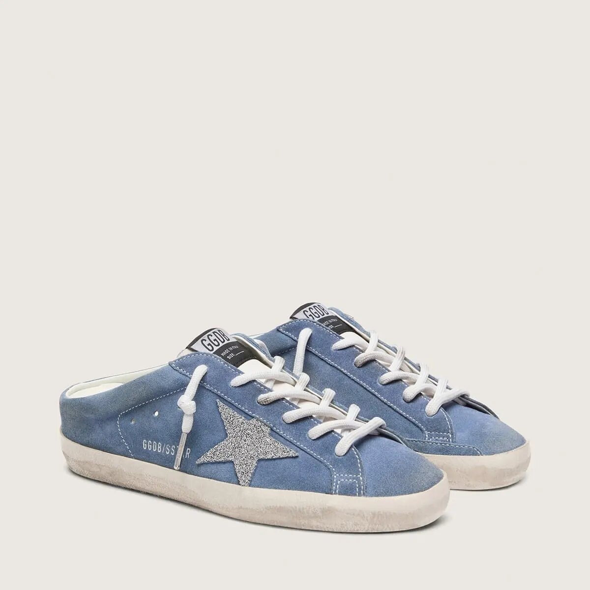 Golden Goose Super-Star Sabots Sneaker In Denim-Blue Suede With Silver Glitter Star Golden Goose Super-Star Sabots Sneaker In Denim-Blue Suede With Silver Glitter Star