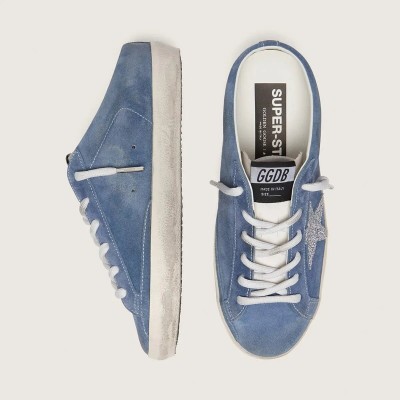 Golden Goose Super-Star Sabots Sneaker In Denim-Blue Suede With Silver Glitter Star Golden Goose Super-Star Sabots Sneaker In Denim-Blue Suede With Silver Glitter Star