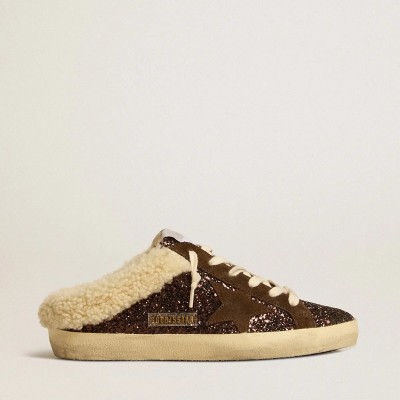 Golden Goose Super-Star Sabots Sneaker In Glitter With Brown Star And Shearling Lining Golden Goose Super-Star Sabots Sneaker In Glitter With Brown Star And Shearling Lining
