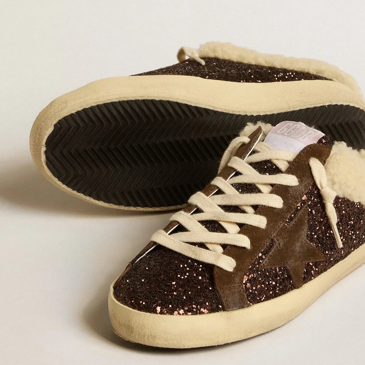 Golden Goose Super-Star Sabots Sneaker In Glitter With Brown Star And Shearling Lining Golden Goose Super-Star Sabots Sneaker In Glitter With Brown Star And Shearling Lining