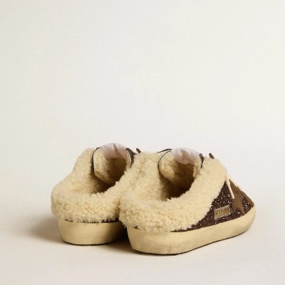 Golden Goose Super-Star Sabots Sneaker In Glitter With Brown Star And Shearling Lining Golden Goose Super-Star Sabots Sneaker In Glitter With Brown Star And Shearling Lining