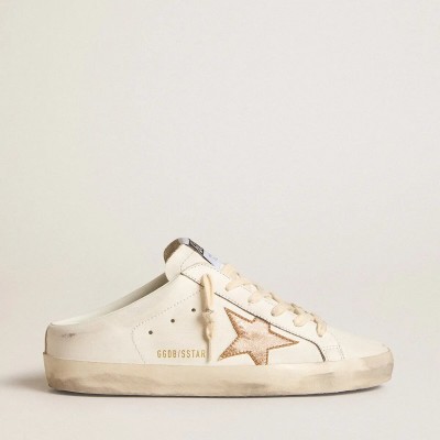 Golden Goose Super-Star Sabots Sneaker In Leather With Plasticized Gold Glitter Star Golden Goose Super-Star Sabots Sneaker In Leather With Plasticized Gold Glitter Star