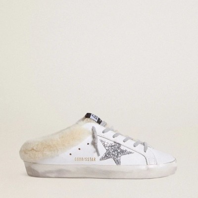 Golden Goose Super-Star Sabots Sneaker In White Leather With Shearling Lining And Silver Star Golden Goose Super-Star Sabots Sneaker In White Leather With Shearling Lining And Silver Star