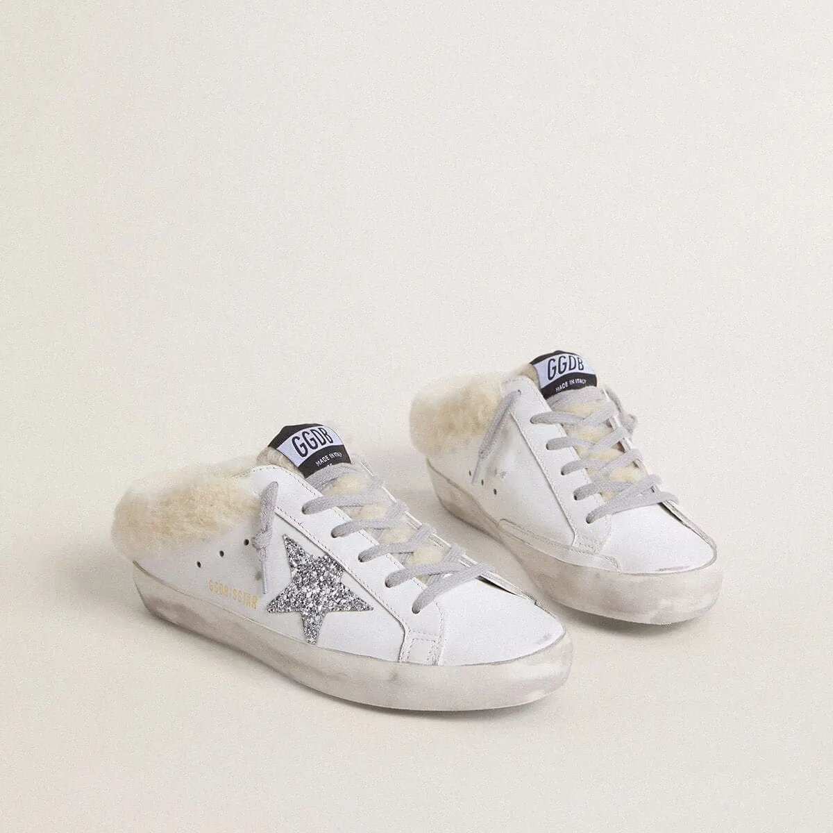 Golden Goose Super-Star Sabots Sneaker In White Leather With Shearling Lining And Silver Star Golden Goose Super-Star Sabots Sneaker In White Leather With Shearling Lining And Silver Star