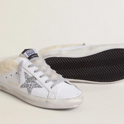 Golden Goose Super-Star Sabots Sneaker In White Leather With Shearling Lining And Silver Star Golden Goose Super-Star Sabots Sneaker In White Leather With Shearling Lining And Silver Star