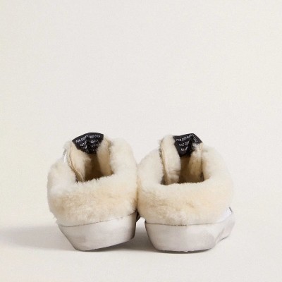 Golden Goose Super-Star Sabots Sneaker In White Leather With Shearling Lining And Silver Star Golden Goose Super-Star Sabots Sneaker In White Leather With Shearling Lining And Silver Star