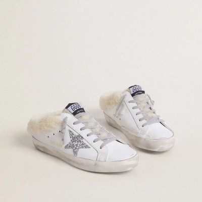 Golden Goose Super-Star Sabots Sneaker In White Leather With Shearling Lining And Silver Star Golden Goose Super-Star Sabots Sneaker In White Leather With Shearling Lining And Silver Star