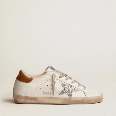 Golden Goose Super-Star Sneaker With Shearling Lining And Silver Glitter Star Golden Goose Super-Star Sneaker With Shearling Lining And Silver Glitter Star