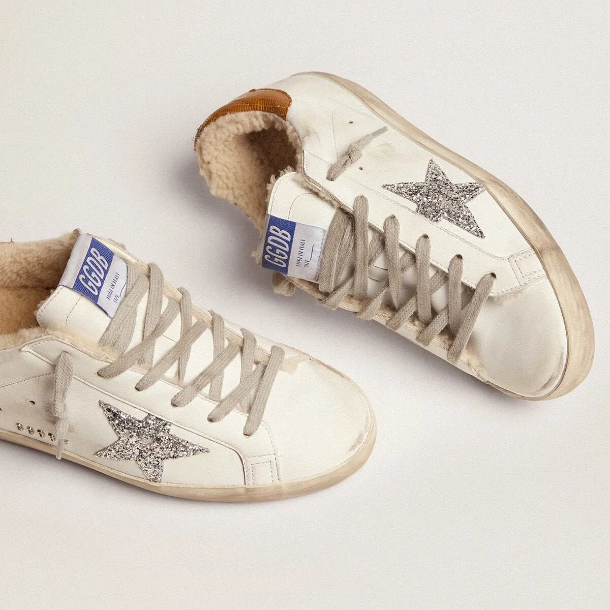 Golden Goose Super-Star Sneaker With Shearling Lining And Silver Glitter Star Golden Goose Super-Star Sneaker With Shearling Lining And Silver Glitter Star