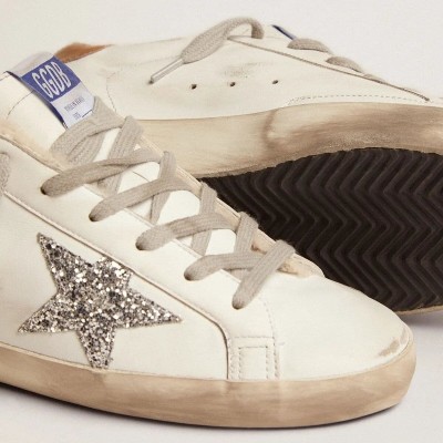 Golden Goose Super-Star Sneaker With Shearling Lining And Silver Glitter Star Golden Goose Super-Star Sneaker With Shearling Lining And Silver Glitter Star