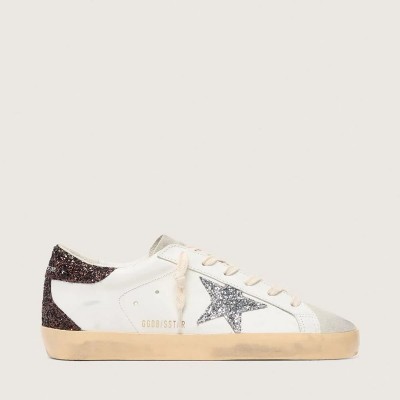 Golden Goose Super-Star Sneaker With Silver Glitter Star And Brown Glitter Heel Tab Golden Goose Super-Star Sneaker With Silver Glitter Star And Brown Glitter Heel Tab