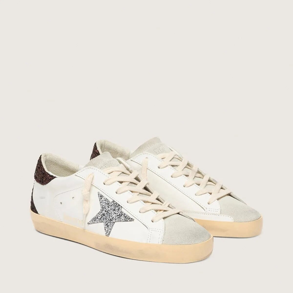 Golden Goose Super-Star Sneaker With Silver Glitter Star And Brown Glitter Heel Tab Golden Goose Super-Star Sneaker With Silver Glitter Star And Brown Glitter Heel Tab