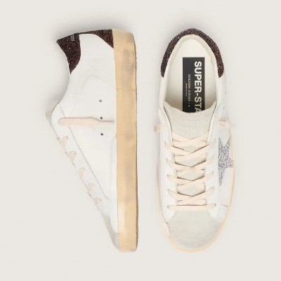 Golden Goose Super-Star Sneaker With Silver Glitter Star And Brown Glitter Heel Tab Golden Goose Super-Star Sneaker With Silver Glitter Star And Brown Glitter Heel Tab