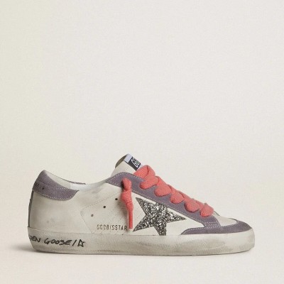 Golden Goose Super-Star Sneaker With Silver Glitter Star And Lilac Suede Heel Tab